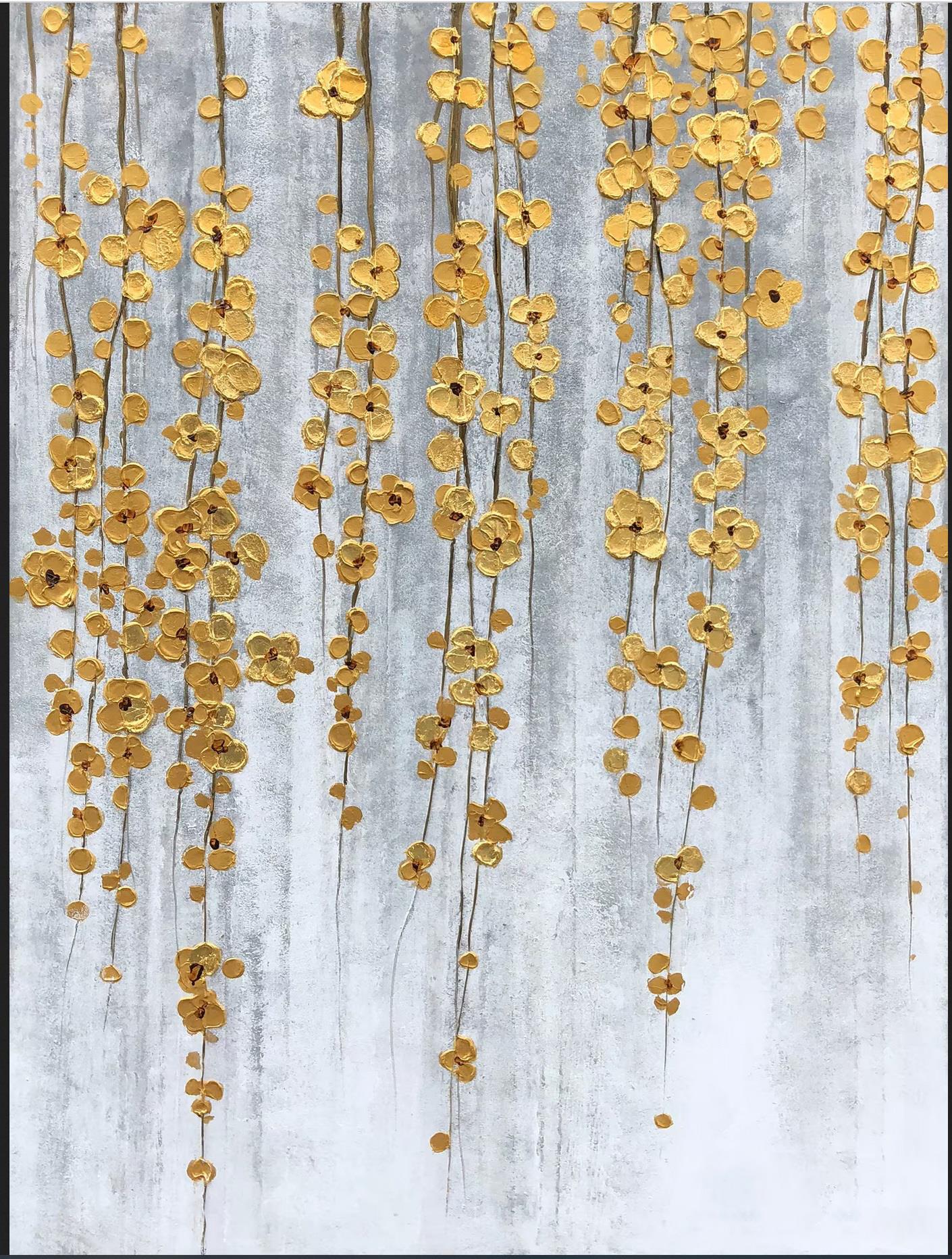 Fleurs dorées naturellement tombantes par le minimalisme de l’art mural au couteau à palette Peintures à l'huile